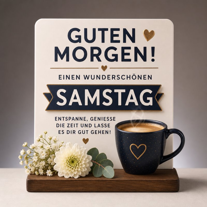 Ein Guten-Morgen-Gruß mit einer Kaffeetasse, weißen Blumen und der Botschaft für einen entspannten Samstag auf einem dekorativen Brett.