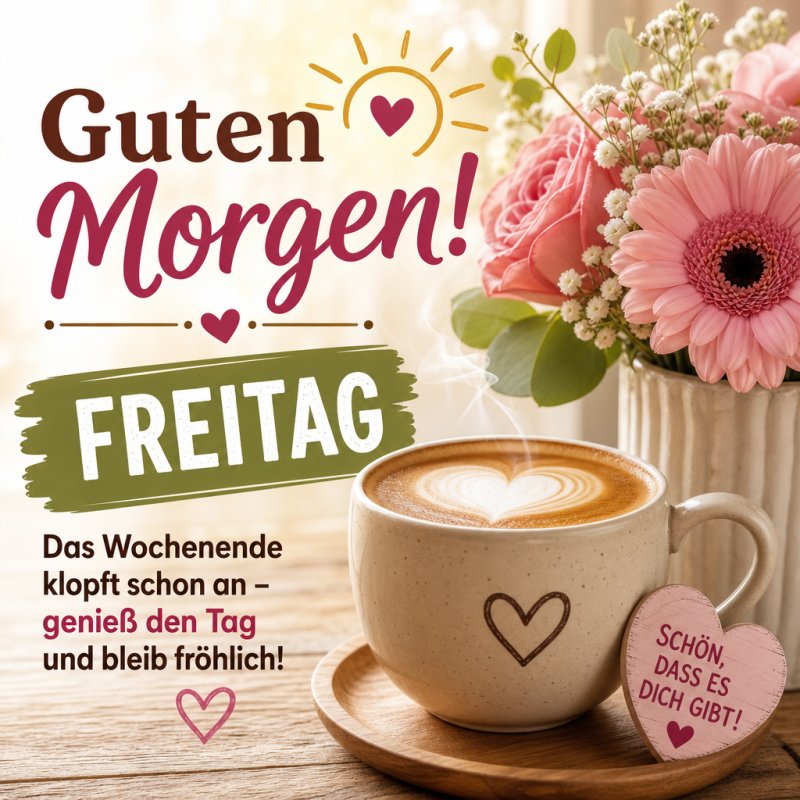 Ein herzförmiger Latte in einer Tasse neben einem Blumenstrauß und einem Stein mit der Aufschrift 'Schön, dass es dich gibt' verkündet einen Guten-Morgen-Gruß.