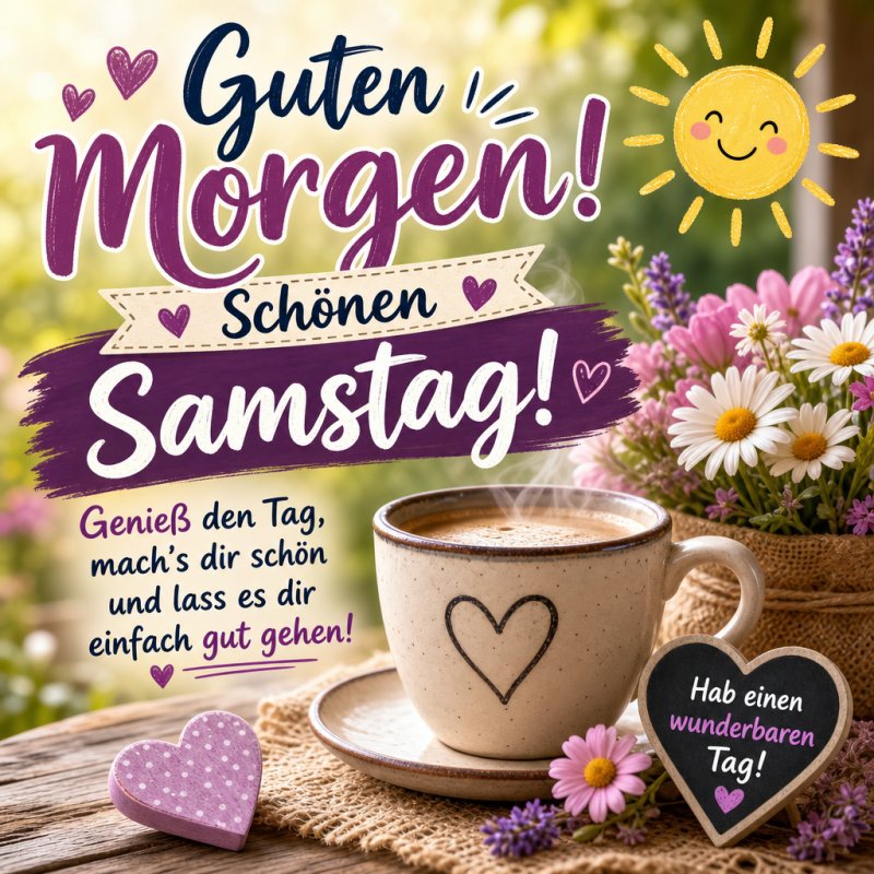 Ein fröhlicher Guten-Morgen-Gruß mit einer Tasse Kaffee, lila Herzen und Blumen in einem Korb, illustriert durch eine lächelnde Sonne und violette Schrift.