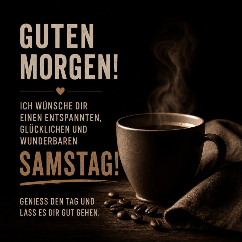 Ein heißer Kaffee in einer stilvollen Tasse neben Kaffeebohnen, mit dem Text eines Guten-Morgen-Grußes für einen entspannten Samstag in braunen Tönen.