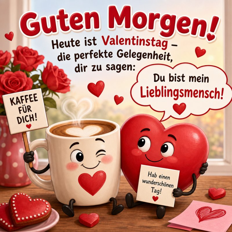 Ein lächelndes Herz und eine Kaffeetasse mit Herzen halten Schilder für einen liebevollen Guten-Morgen-Gruß zum Valentinstag vor Rosen und Geschenken.