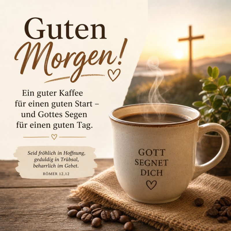 Eine große Kaffeetasse mit der Aufschrift 'Gott segnet dich', Kaffeebohnen und ein Kreuz im Hintergrund verkörpern einen warmen Guten-Morgen-Gruß.