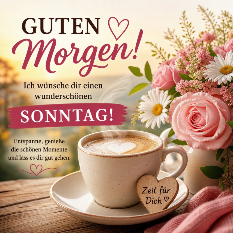 Ein liebevoller Guten-Morgen-Gruß mit einer Tasse Kaffee voller Herz, umgeben von frischen rosa Rosen und einem Holzherz mit 'Zeit für Dich'.