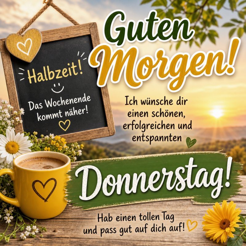 Ein Guten-Morgen-Gruß mit einer Tasse Kaffee, Sonnenblumen, Tafeln mit positiven Botschaften und einem Sonnenaufgang im Hintergrund.