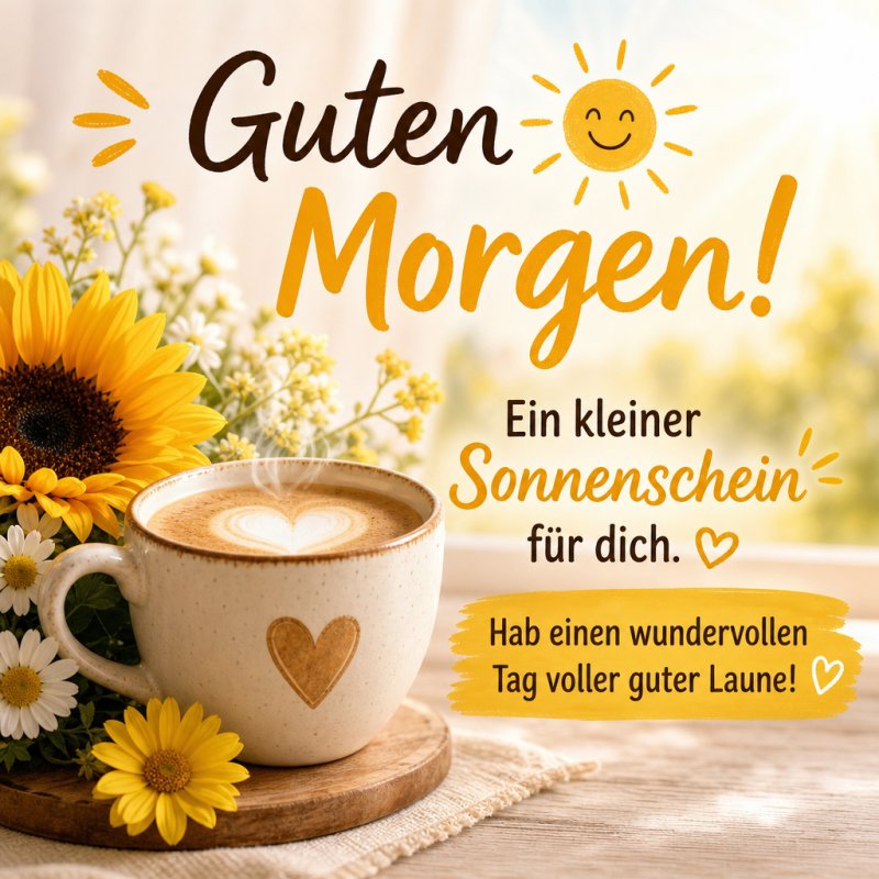 Ein fröhlicher Guten-Morgen-Gruß mit einer Tasse Kaffee, umgeben von Sonnenblumen und gelben Blumen, verbreitet sonnige Stimmung.