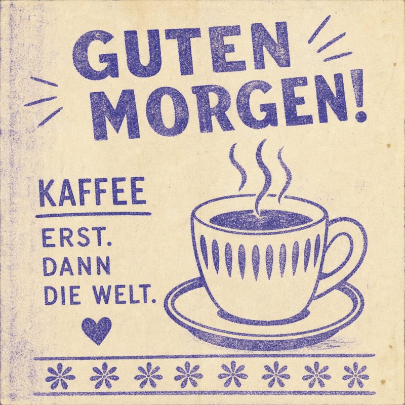 Eine stilisierte Kaffeetasse mit Dampf und dem Spruch 'Kaffee erst, dann die Welt' verleiht dieser Guten-Morgen-Grußkarte eine warme und einladende Atmosphäre.