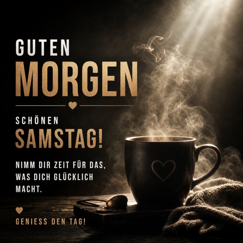 Ein stimmungsvoller Guten-Morgen-Gruß mit einer dampfenden Kaffeetasse, einem Löffel und Lichtstrahlen, die eine warme und einladende Atmosphäre schaffen.