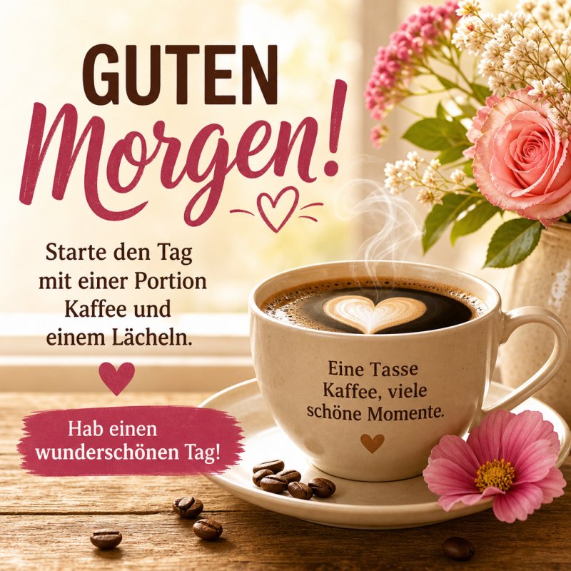 Ein liebevoller Guten-Morgen-Gruß mit einer dampfenden Kaffeetasse im Vordergrund, umringt von rosafarbenen Blumen und Herzelementen, inspiriert zum Lächeln.