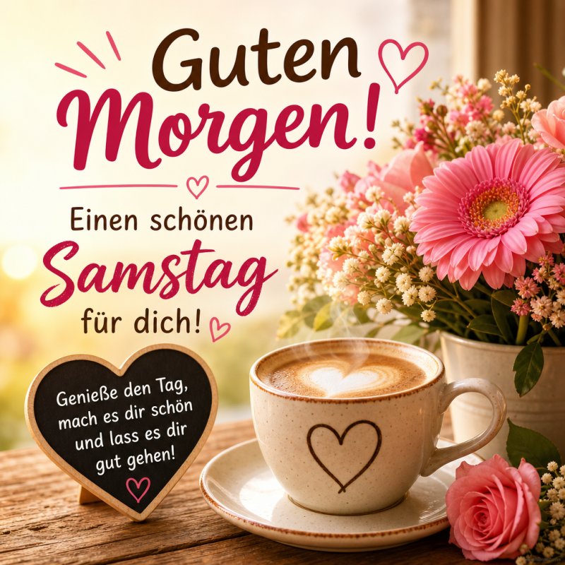 Ein Latte mit Herz auf einem Holztisch neben einem Strauß rosa Blumen vermittelt einen fröhlichen Guten-Morgen-Gruß für Samstag.
