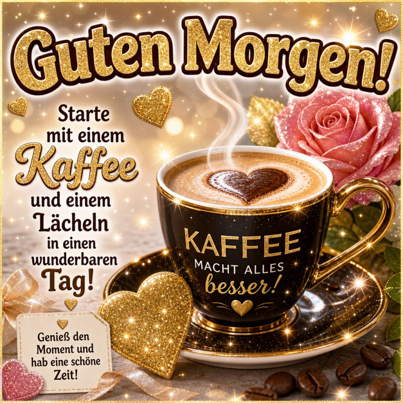 Eine dampfende Tasse Kaffee mit Herzmuster, umgeben von funkelnden Sternen und einer rosa Rose, vermittelt einen fröhlichen Guten Morgen.