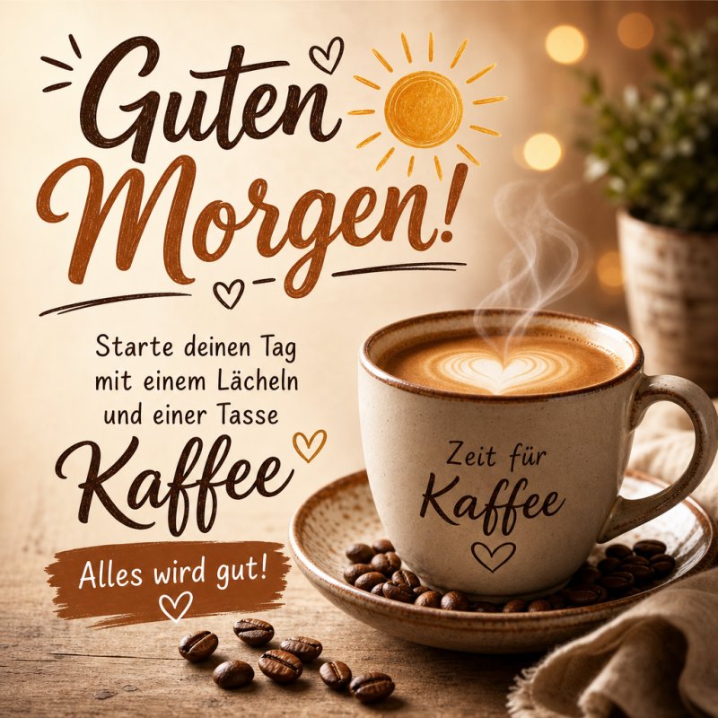 Ein Guten-Morgen-Gruß zeigt eine Tasse Kaffee mit Herz aus Schaum, umgeben von Kaffeebohnen und warmem Licht, das eine gemütliche Stimmung erzeugt.