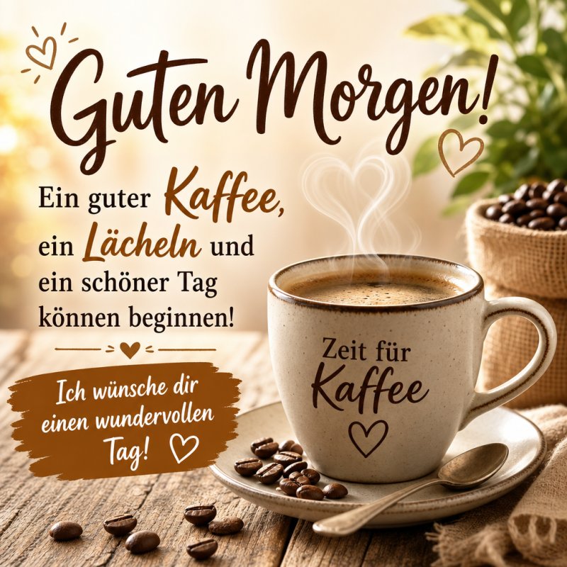 Ein dampfender Kaffee mit Schaum steht auf einem Holztisch umgeben von Kaffeebohnen als Teil eines warmen Guten-Morgen-Grußes vor einem unscharfen Hintergrund.