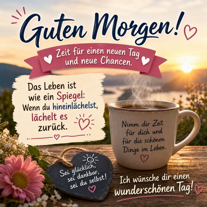 Ein warmherziger Guten-Morgen-Gruß mit Sonnenaufgang und dampfender Kaffeetasse, umgeben von inspirierenden Sprüchen und Blumen am See.