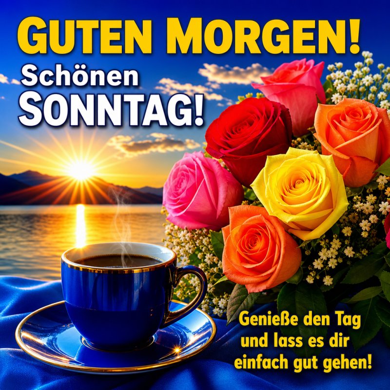 Eine blaue Tasse mit Kaffee steht auf einem blauen Tuch in der Morgensonne vor einem See mit Blumen, als Teil eines Guten-Morgen-Grußes zum Sonntag.
