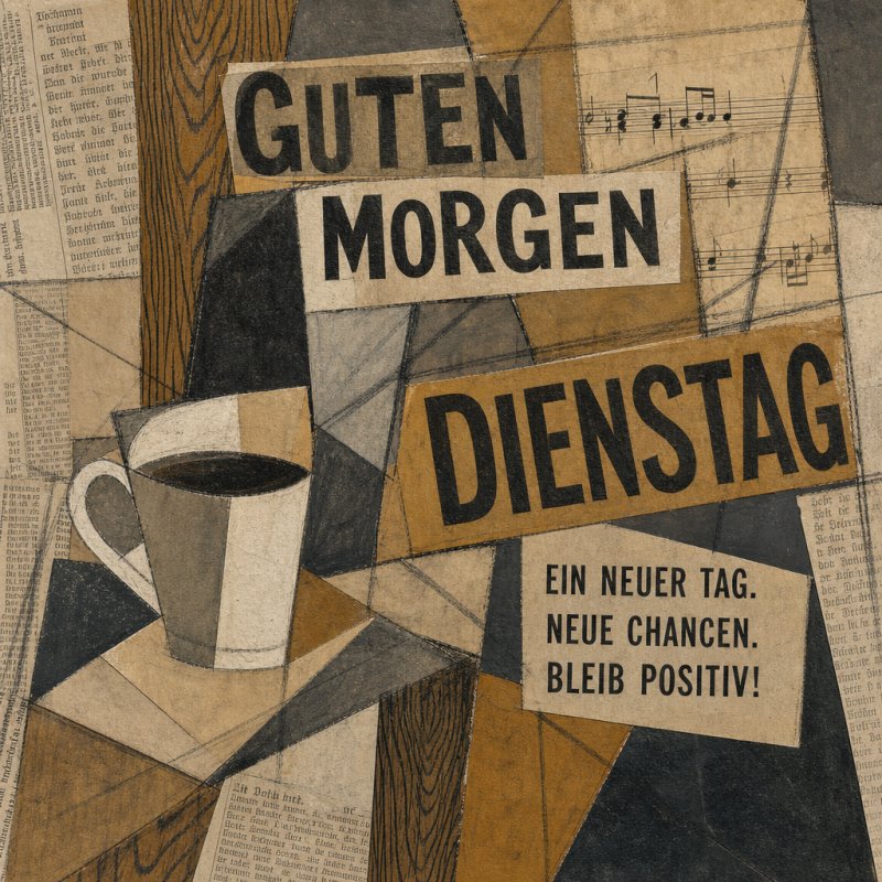Eine stilisierte Tasse Kaffee steht auf einem Collage-Hintergrund aus Zeitungsausschnitten, begleitet von einem motivierenden Guten-Morgen-Gruß für Dienstag.