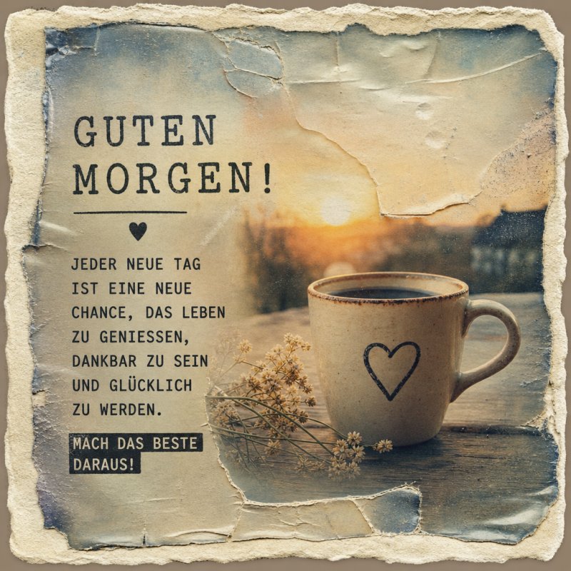 Ein nostalgischer Guten-Morgen-Gruß zeigt eine Kaffeetasse mit Herzmotiv auf einem Tisch bei Sonnenaufgang, umgeben von zarten Blumen.