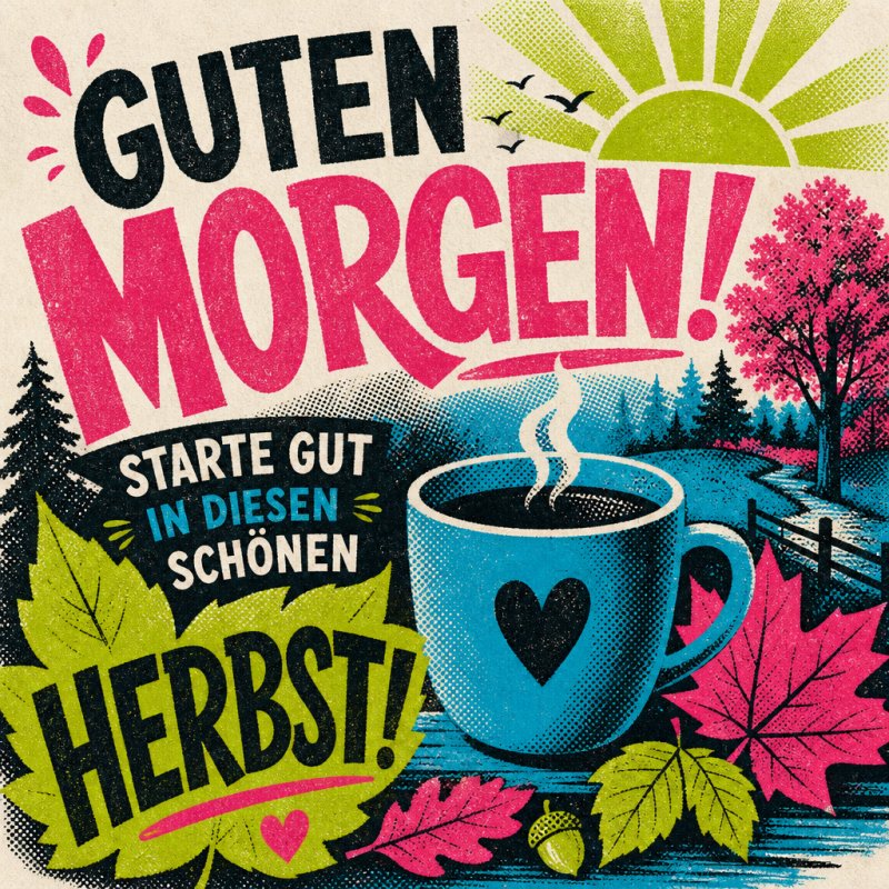 Eine Grafik zeigt eine blaue Kaffeetasse mit Herzmotiv vor einer herbstlichen Waldszene, als fröhlicher Guten-Morgen-Gruß gestaltet.