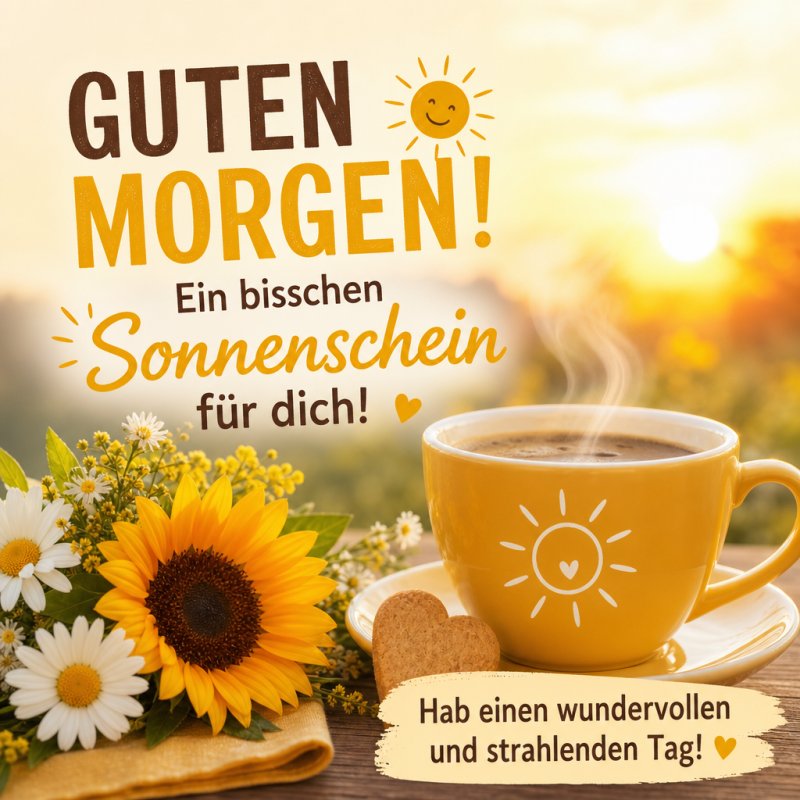 Eine dampfende Kaffeetasse mit Sonnenmotiv steht neben Sonnenblumen vor einem Sonnenaufgang, ideal für einen Sonnenschein-Guten-Morgen-Gruß.