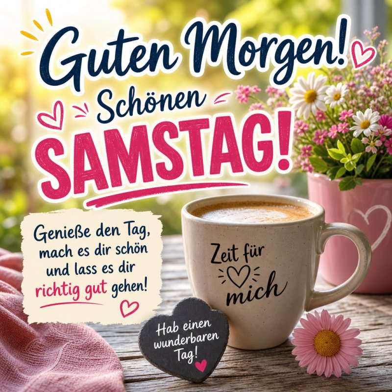 Ein Kaffee mit der Aufschrift 'Zeit für mich', umgeben von Blumen und liebevollen Nachrichten, illustriert den Guten-Morgen-Gruß für einen schönen Samstag.