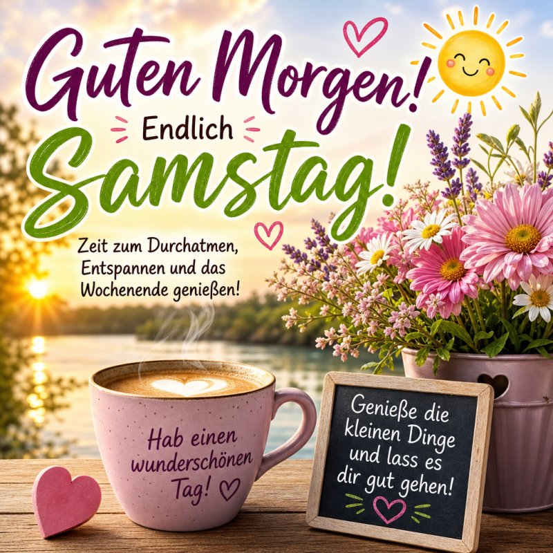 Ein freundlicher Guten-Morgen-Gruß mit einer Kaffeetasse, umgeben von bunten Blumen und einer Kreidetafel, die an einem sonnigen Seeufer steht.