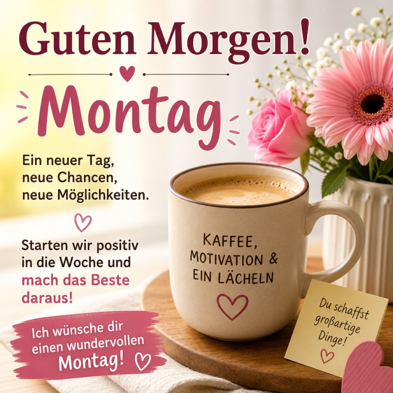 Ein Guten-Morgen-Gruß mit einer Kaffeetasse, auf der motivierende Sprüche stehen, umgeben von Blumen und einem Zettel mit ermutigender Botschaft.