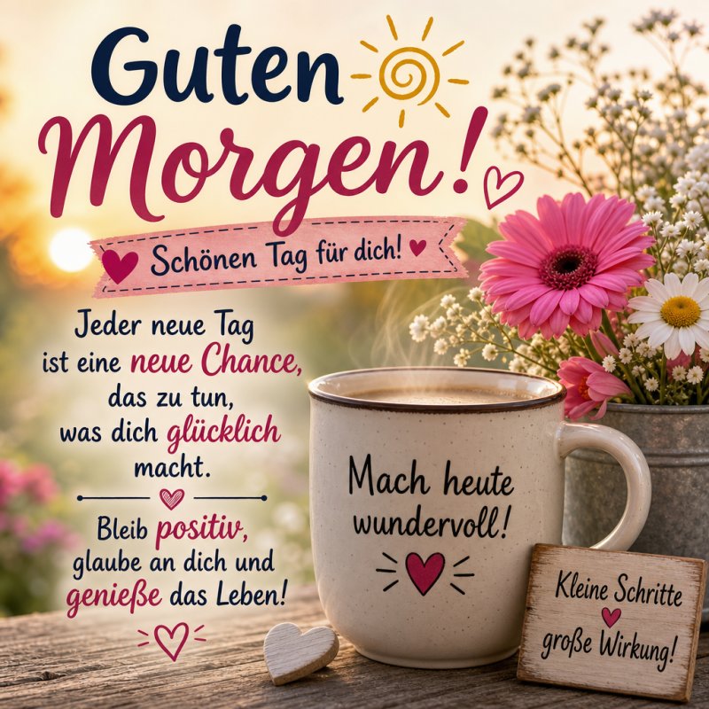 Ein Guten-Morgen-Gruß mit Kaffeetasse, rosafarbenen Blumen und motivierenden Sprüchen, eingerahmt von einem sonnigen Morgenlicht.