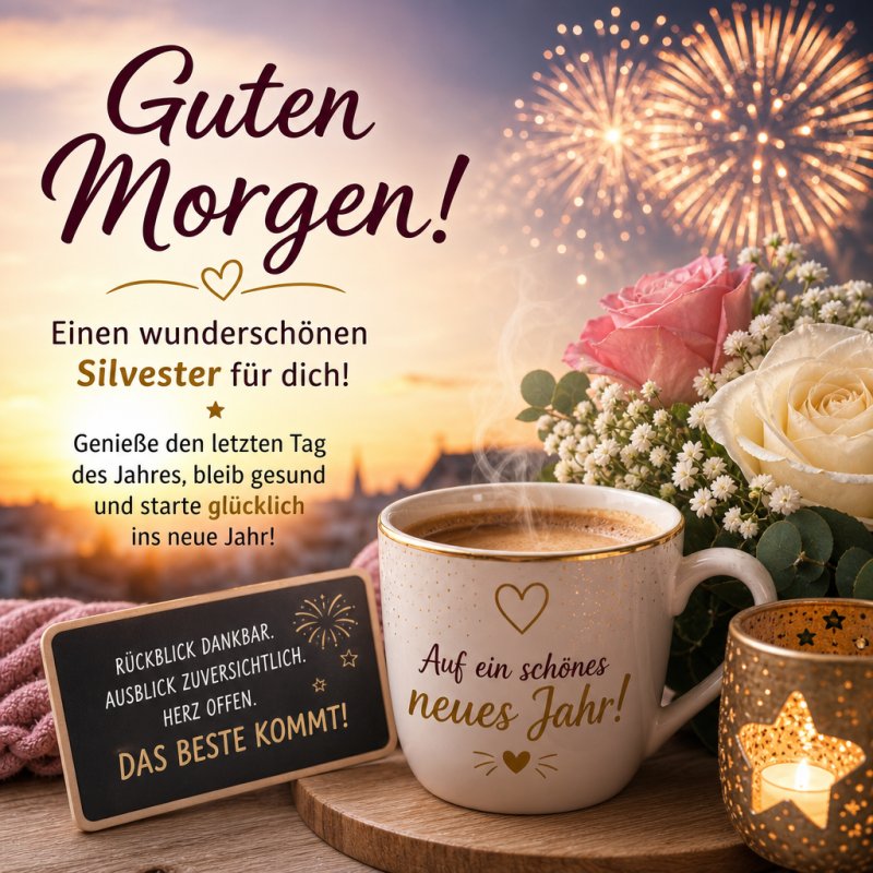 Ein Guten Morgen Gruß mit einer Kaffeetasse im Vordergrund, umgeben von Kerzen, Rosen und einem Feuerwerk am Himmel misst Silvester-Stimmung.