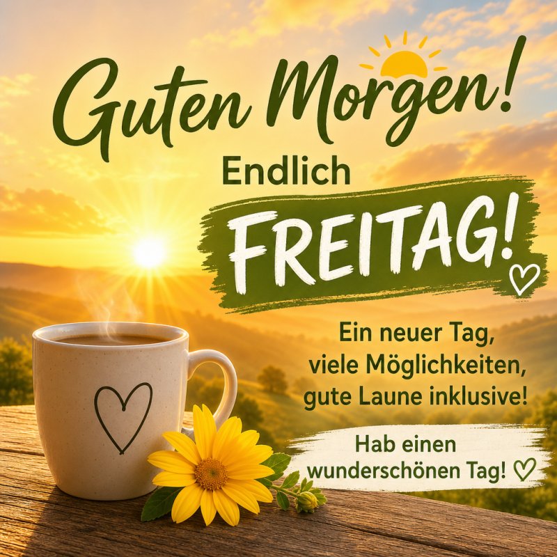 Eine Guten-Morgen-Grußkarte mit Kaffeetasse, Sonnenblume und strahlendem Sonnenaufgang im Hintergrund vermittelt gute Laune am Freitag.