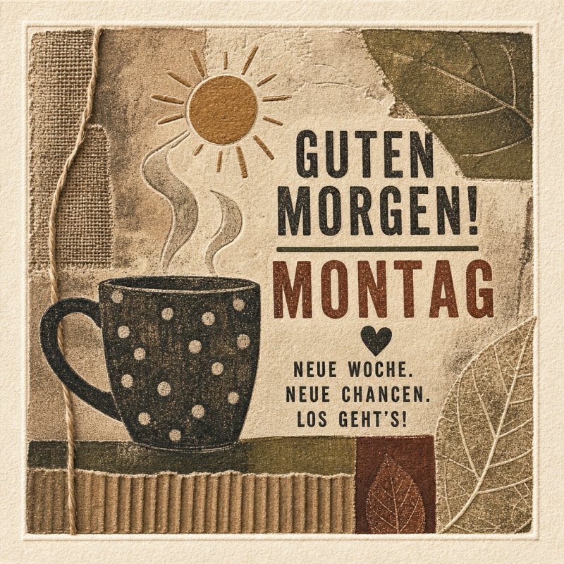 Ein rustikaler Kaffee-Guten-Morgen-Gruß mit einer gepunkteten Tasse und einer stilisierten Sonne, umgeben von Texturen und herbstlichen Blättern.