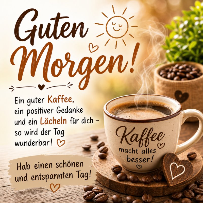 Ein fröhlicher Guten-Morgen-Gruß mit Kaffee, umgeben von Kaffeebohnen und Herzen, einem sonnigen Smiley und einem entspannenden Zitat.