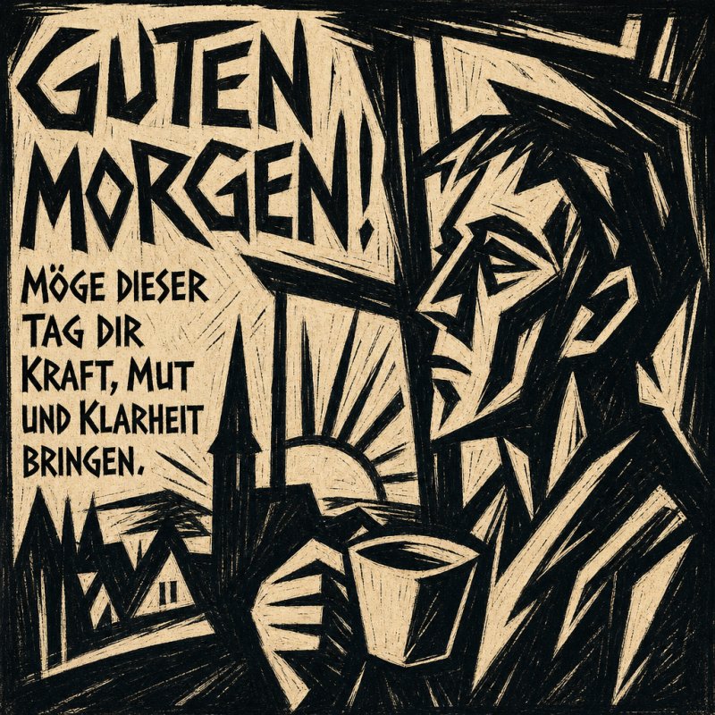 Ein Expressionismus-Stil Bild zeigt einen Mann mit einer Tasse Kaffee, der aus dem Fenster schaut, begleitet von einem Guten-Morgen-Gruß für Kraft, Mut und Klarheit.