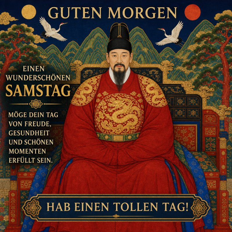 Ein prächtig gekleideter Kaiser sitzt vor traditionellen Mustern, begleitet von Kranichen und Drachen, als symbolischer Guten-Morgen-Gruß für Samstag.