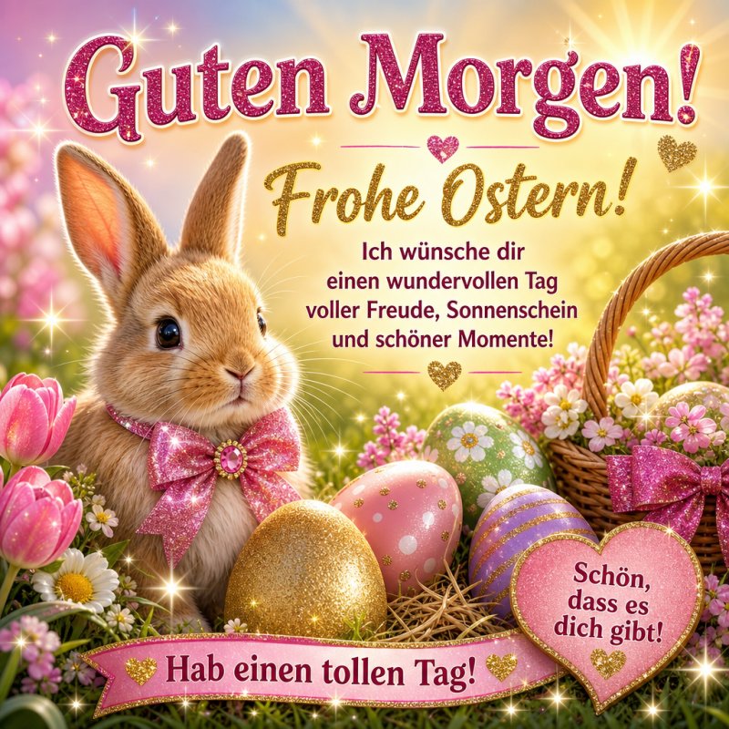 Ein niedliches Kaninchen mit rosa Schleife sitzt vor bunten Ostereiern und Frühlingsblumen in einem strahlenden Guten-Morgen-Gruß.