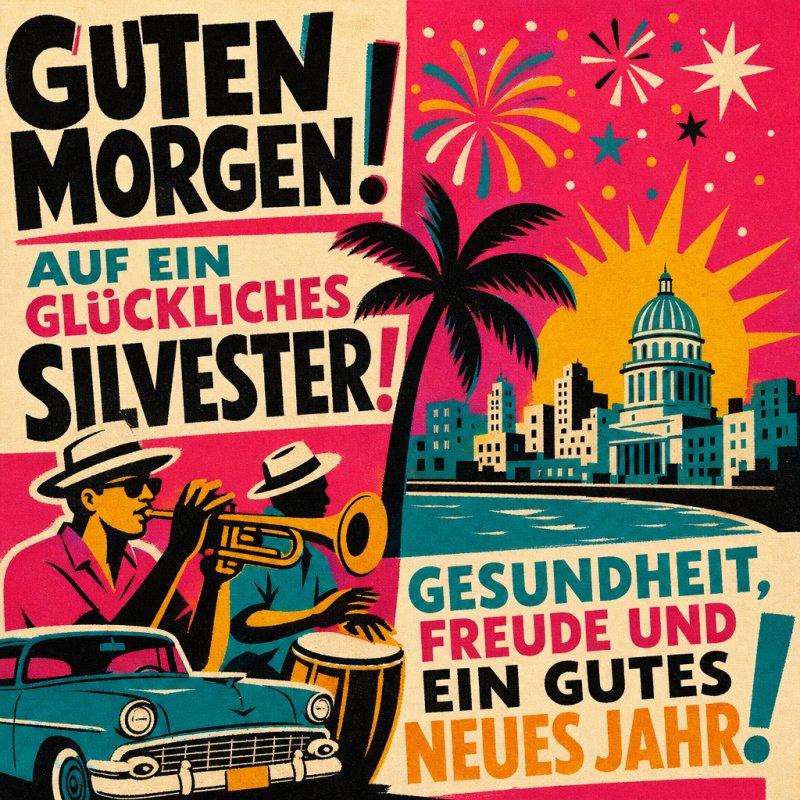 Ein buntes Retro-Design zeigt Musiker und Palmen vor einer Stadt, als Guten-Morgen-Gruß für Silvester, mit Feuerwerk am Himmel über einer Stadtsilhouette.