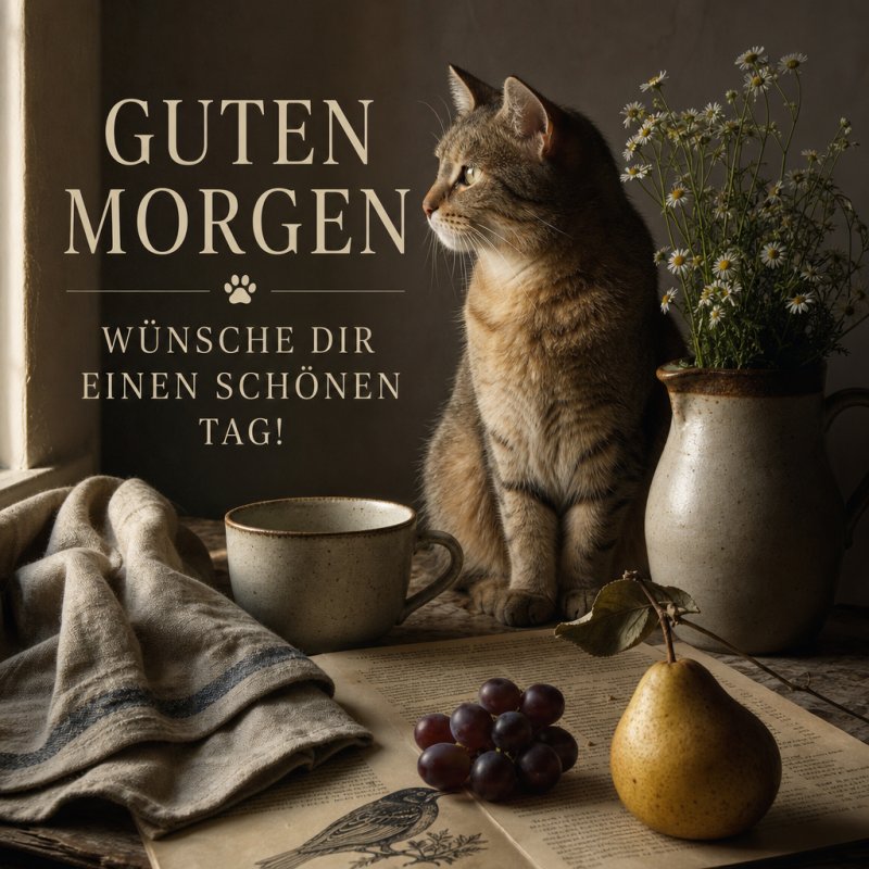 Eine Katze sitzt auf einem Tisch mit einem Buch, Trauben, einer Birne und zwei Keramiktassen neben einem Krug mit Blumen als Guten-Morgen-Gruß.