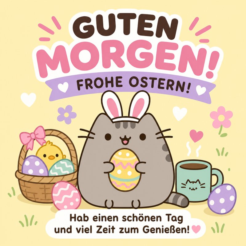 Ein niedlicher Cartoon mit einer Katze mit Osterhasenohren, bunte Ostereier und ein Küken in einem Korb verbreiten fröhlichen Guten-Morgen-Gruß.