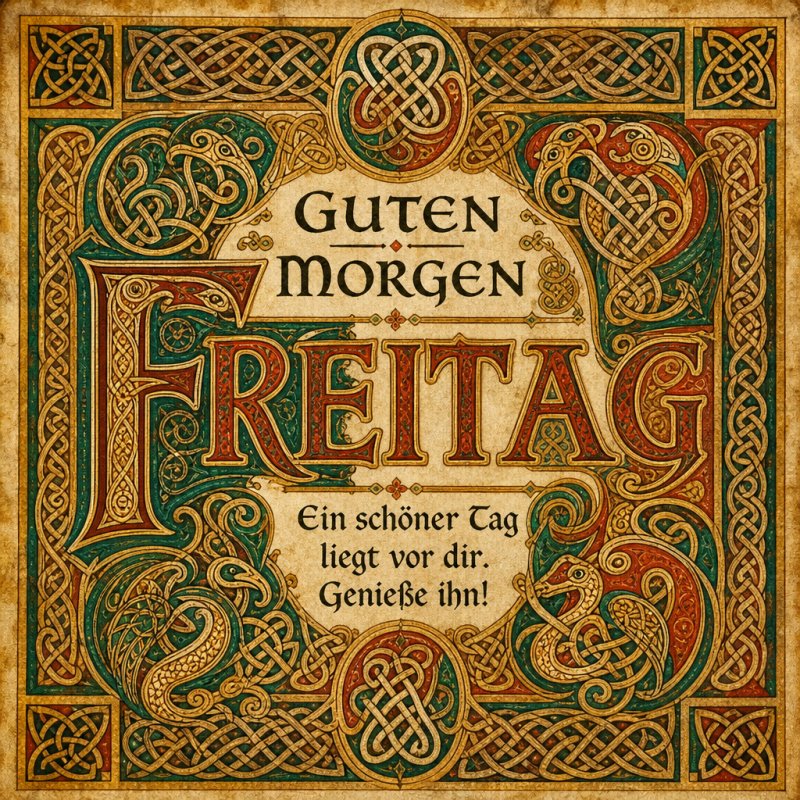 Ein kunstvoller Guten-Morgen-Gruß zeigt reich verzierte keltische Muster mit den Worten 'Freitag' und 'Ein schöner Tag liegt vor dir. Genieße ihn!' im Zentrum.