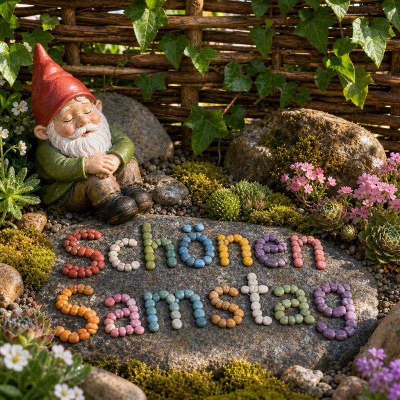 Guten-Morgen-Gruß als Foto: Ein ruhiger Garten mit einem kleinen Gartenzwerg, umgeben von Kieselsteinen, die in der Sonne funkeln, mit dem Text 'Guten Morgen' sorgfältig angeordnet.