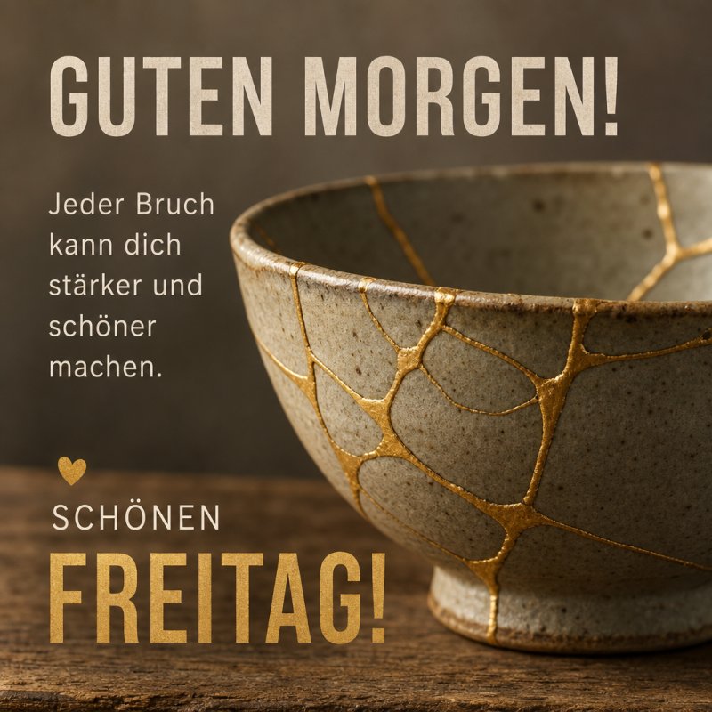 Eine Kintsugi-Schale mit goldenen Reparaturen auf einer Holzoberfläche illustriert einen Guten-Morgen-Gruß für Freitag, der Stärke durch Brüche symbolisiert.