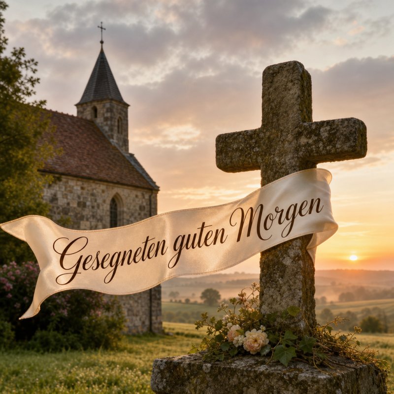 Guten Morgen in sanftem Licht: Alte Dorfkirche im weichen Morgenlicht mit einem Segensgruß auf einem Seidenband über einem Steinlaube.