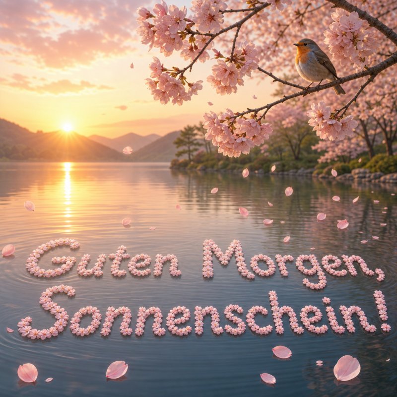 In einem photorealistischen 3D-Render schweben Kirschblüten über einem stillen See, mit einem Vogel am Ufer, während der "Guten-Morgen-Gruß" aus Petalen auf dem Wasser erscheint.
