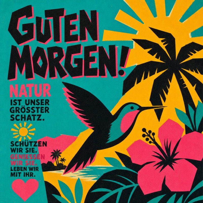 Ein farbenfroher Guten-Morgen-Gruß zeigt einen Kolibri neben Palmen und großen rosa Hibiskusblüten in stilisierter tropischer Umgebung.
