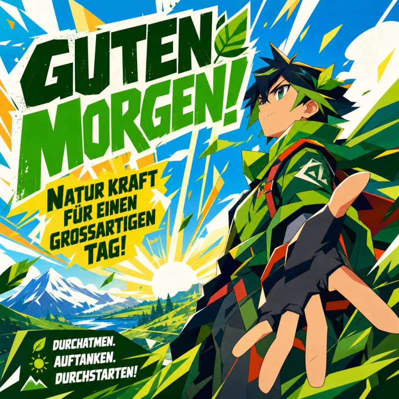 Ein dynamisch gezeichneter Charakter blickt in eine leuchtend grüne und bergige Morgenlandschaft, passend für einen kraftvollen Guten-Morgen-Gruß.