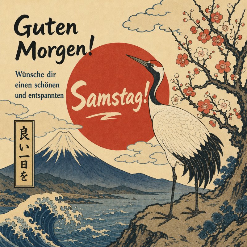 Ein stilisierter Kranich steht neben einem blühenden Baum vor einem großen roten Kreis und einem Vulkan im Hintergrund für einen Guten-Morgen-Gruß.