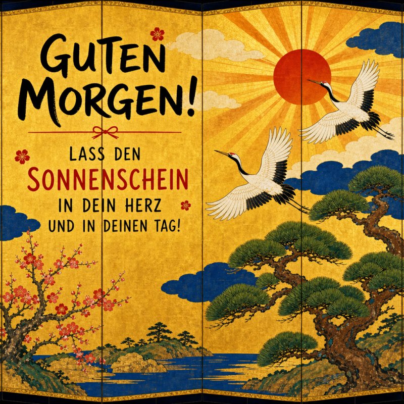 Ein traditionell gestalteter Guten-Morgen-Gruß mit fliegenden Kranichen, einer roten Sonne und blühenden Bäumen vor einer goldenen Kulisse.