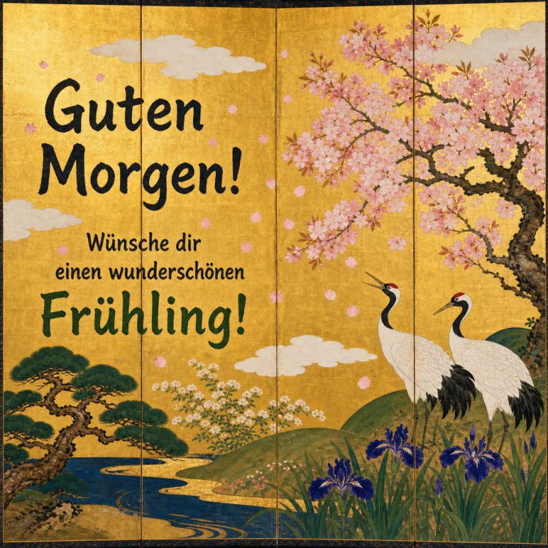 Ein traditionelles japanisches Gemälde zeigt zwei Kraniche vor einem blühenden Kirschbaum, begleitet von einem fröhlichen Guten-Morgen-Gruß im Frühling.