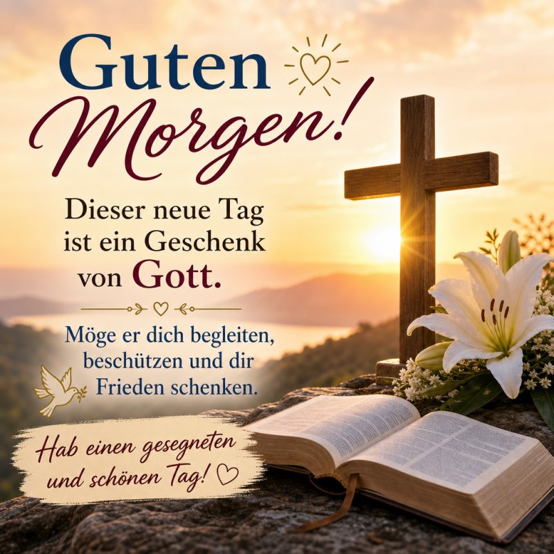 Ein Holzkreuz und eine Lilie vor einem Sonnenaufgang verkörpern den spirituellen Guten-Morgen-Gruß mit einem aufgeschlagenen Buch im Vordergrund.