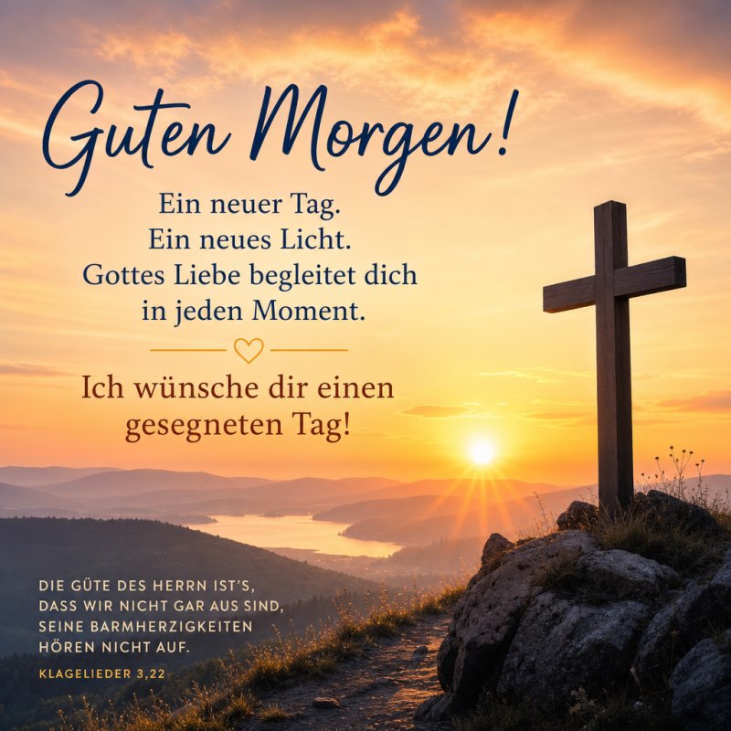 Ein Holzkreuz steht auf einem Felsen am Meer, während ein stimmungsvoller Sonnenaufgang einen Guten-Morgen-Gruß begleitet.