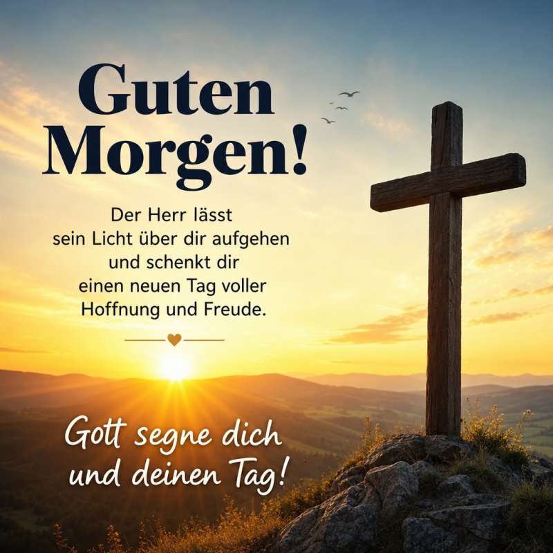 Ein hölzernes Kreuz steht auf einem Hügel im Gegenlicht der aufgehenden Sonne, begleitet von einem sinnlichen Guten-Morgen-Gruß mit religiösen Segenswünschen.