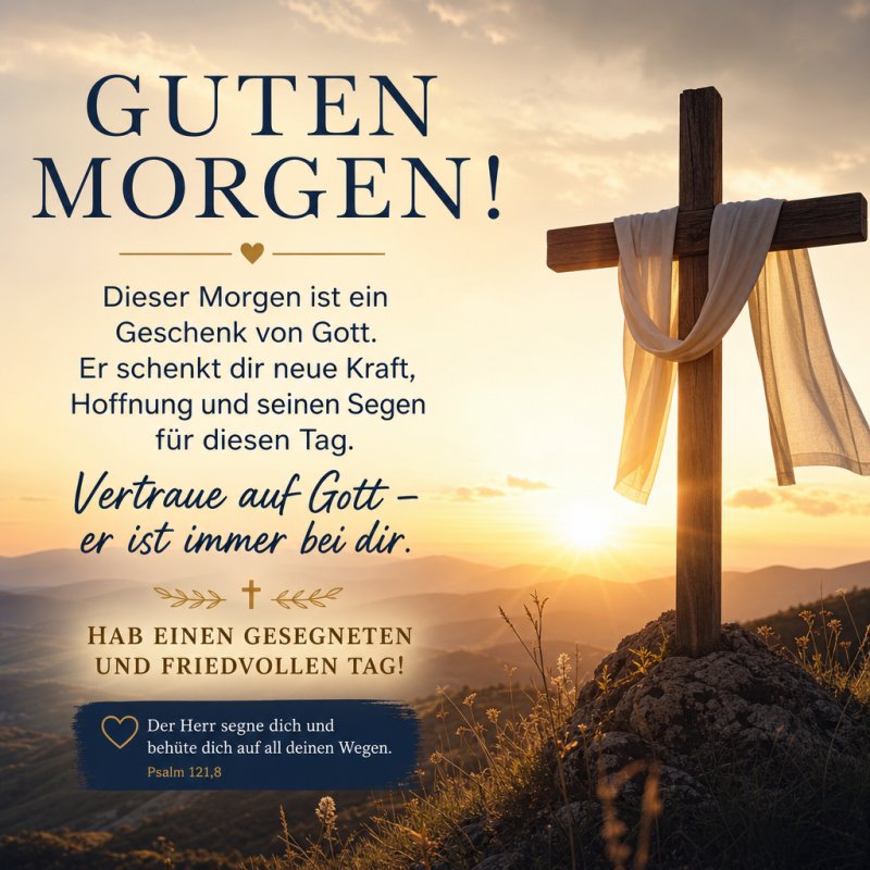 Ein hölzernes Kreuz steht auf einem Hügel im Morgenlicht, umgeben von sanften Naturtönen, mit einem christlichen Guten-Morgen-Gruß und inspirierendem Psalm.